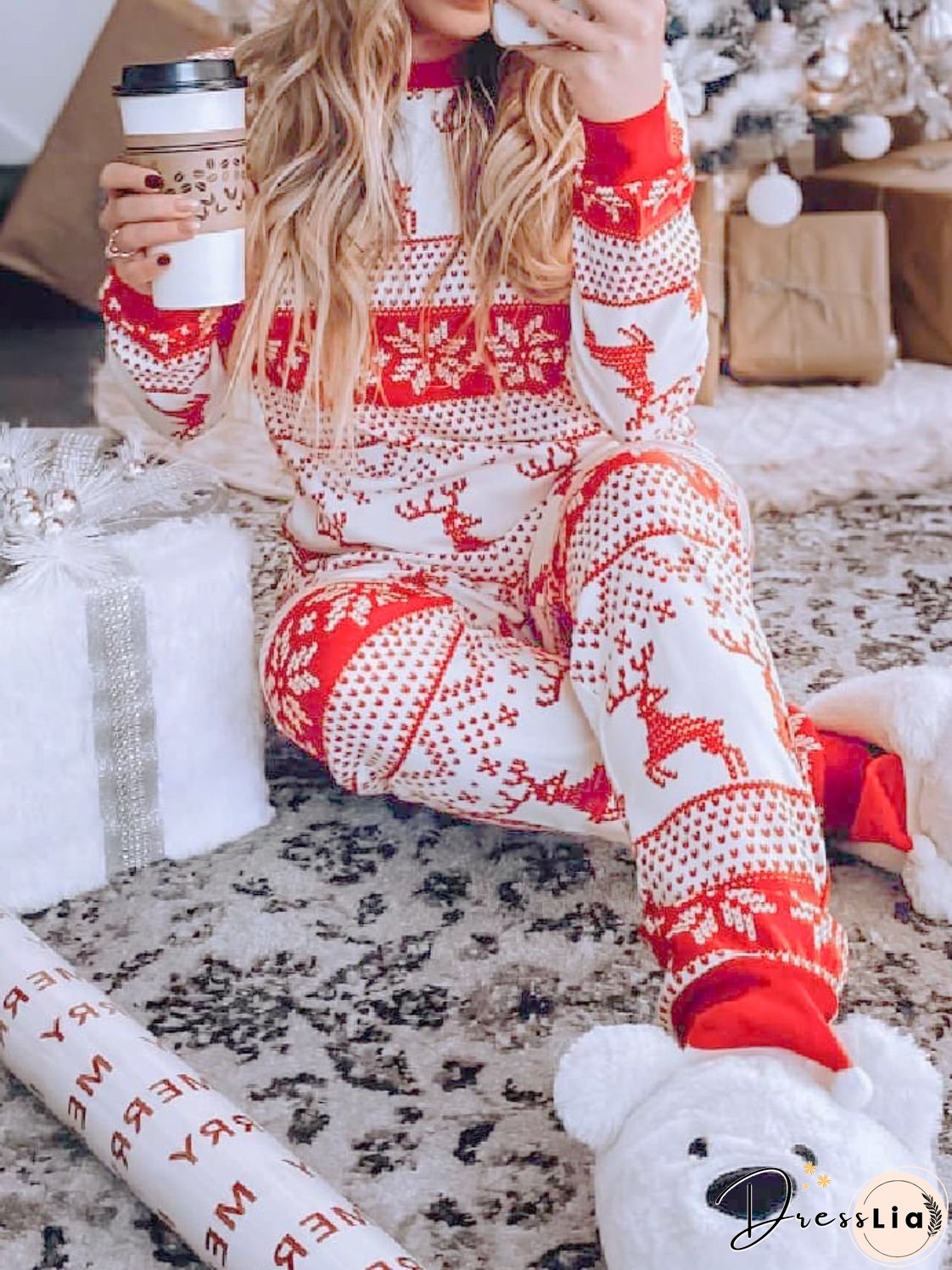 Full Size Christmas Element Round Neck Top and Pants Set