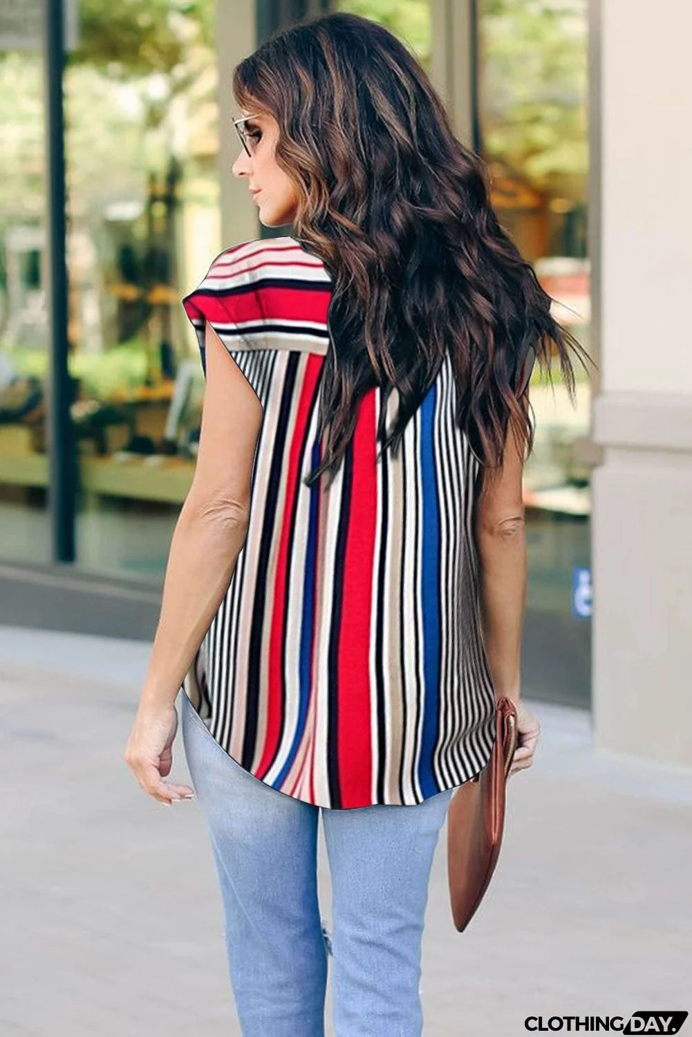 V Neck Stripes Roll up Short Sleeve Zip Up Blouse
