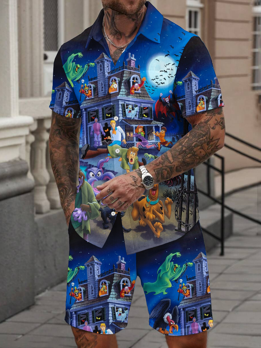 Casual cartoon shirt and shorts set PLUSCLOTHESMAN
