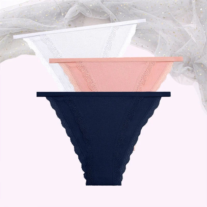FINETOO Women's Cotton Panties 3Pcs/set Lace Briefs S-XL Comfortable Underwear Ladies Cotton Underpants Soft Panty Intimates New
