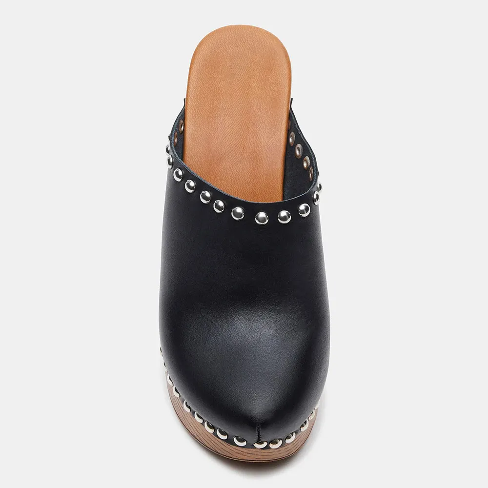 Black Closed Round Toe Chunky Heel Platform Mules with Studded
