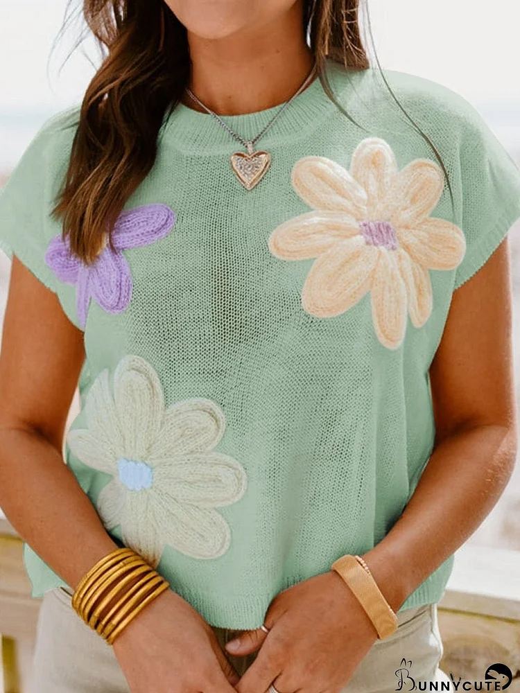 Moonlit Jade Floral Crochet Knit Short Sleeve Sweater Blouse