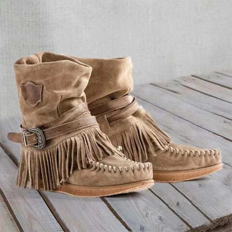 Women's Casual Flat Fringe Round Toe Retro Boots