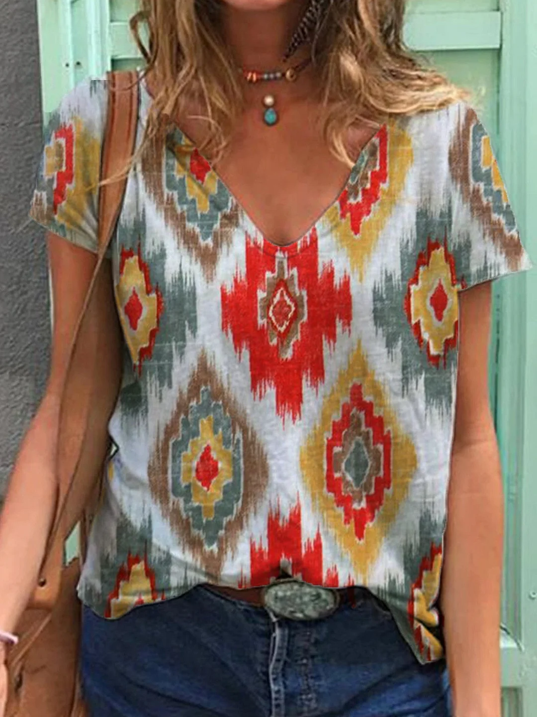 Women Short Sleeve V-neck Printed Graphic Top T-shirts