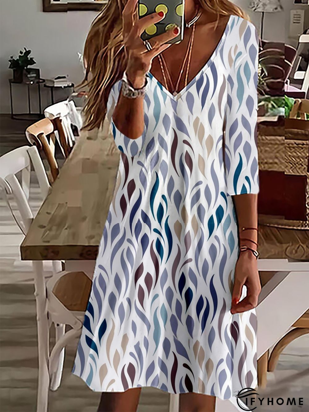 Geometric Casual Autumn V neck Micro-Elasticity Daily Loose Best Sell T-Shirt Dress Dress for Women | IFYHOME