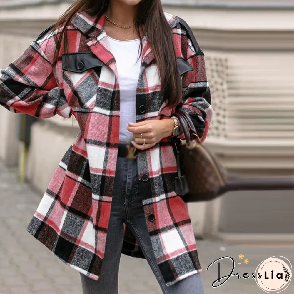 Winter Lapel Pocket Windproof Coat Fashion Casual Color Block Loose Plaid Jacket Newest Fall Button Cardigan Women Trench Coats