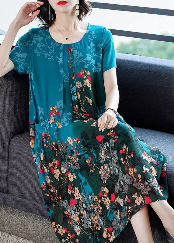 VCSHOES Blue O-Neck Pockets Print Chiffon A Line Dress Short Sleeve