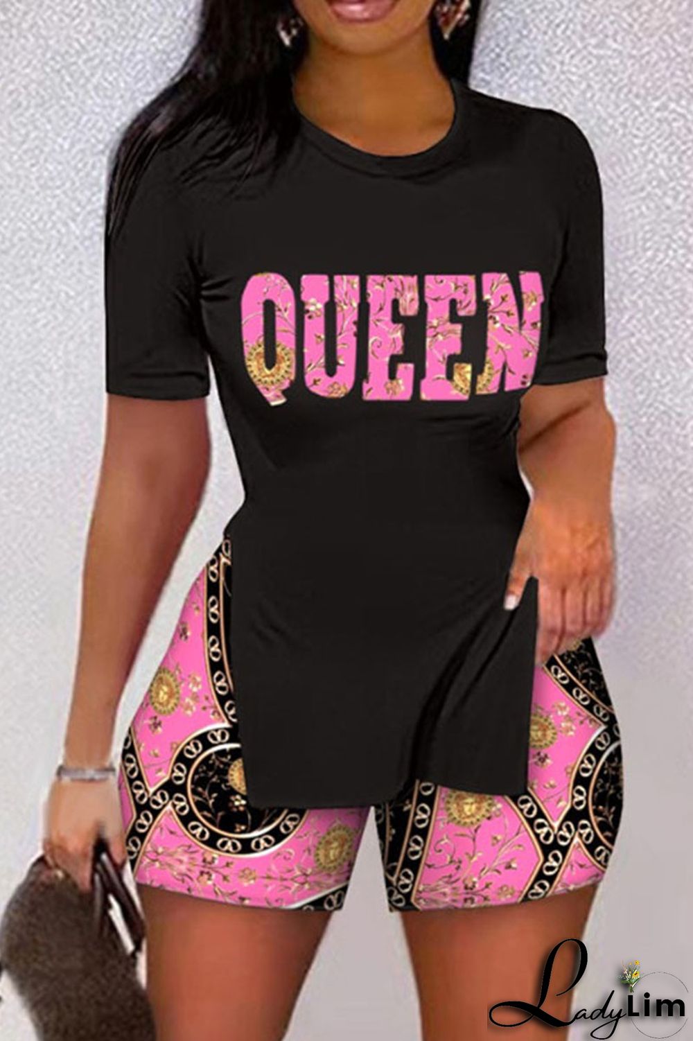 White Casual Print Patchwork Slit O Neck Short Sleeve Two Pieces