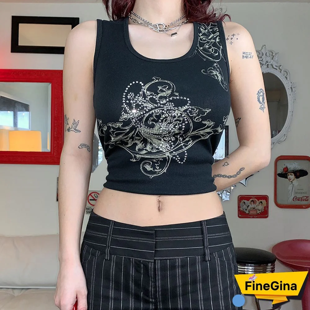 Grunge Rhinestone Detail Rib Tank Top