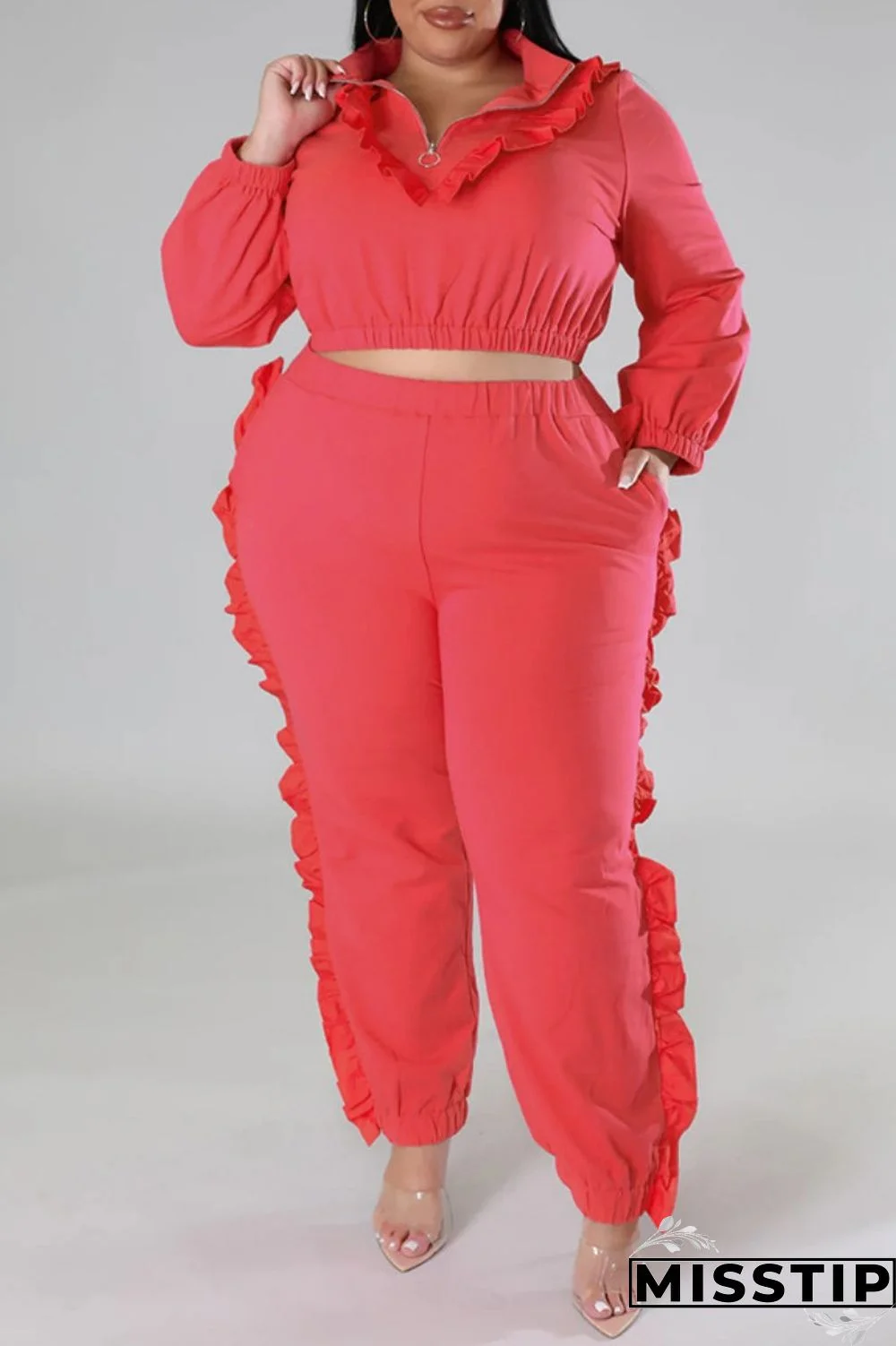 Black Casual Solid Patchwork Zipper Collar Plus Size Two Pieces