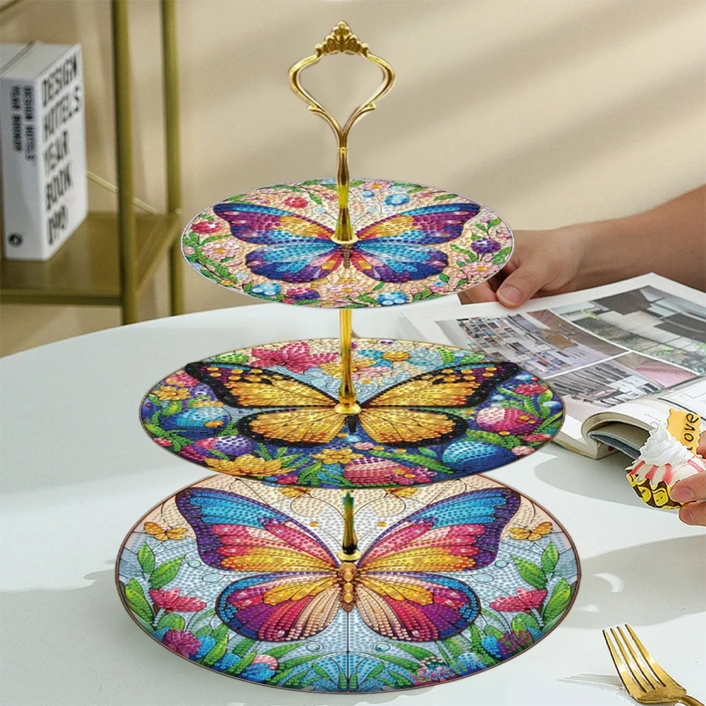 3 Tier Butterfly Round Diamond Painting Tray Food Plate for Adults Beginners