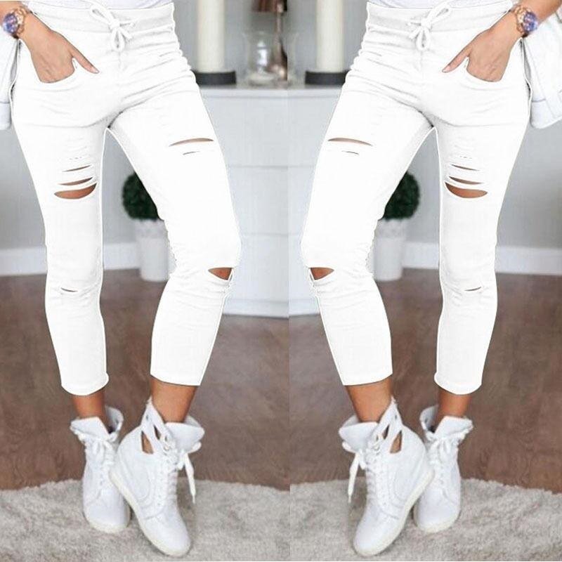 2021 Cargo Pants Women Fashion Slim High Waisted Stretchy Skinny Broken Hole Pencil Pants Solid Color Streetwear Trousers Womens