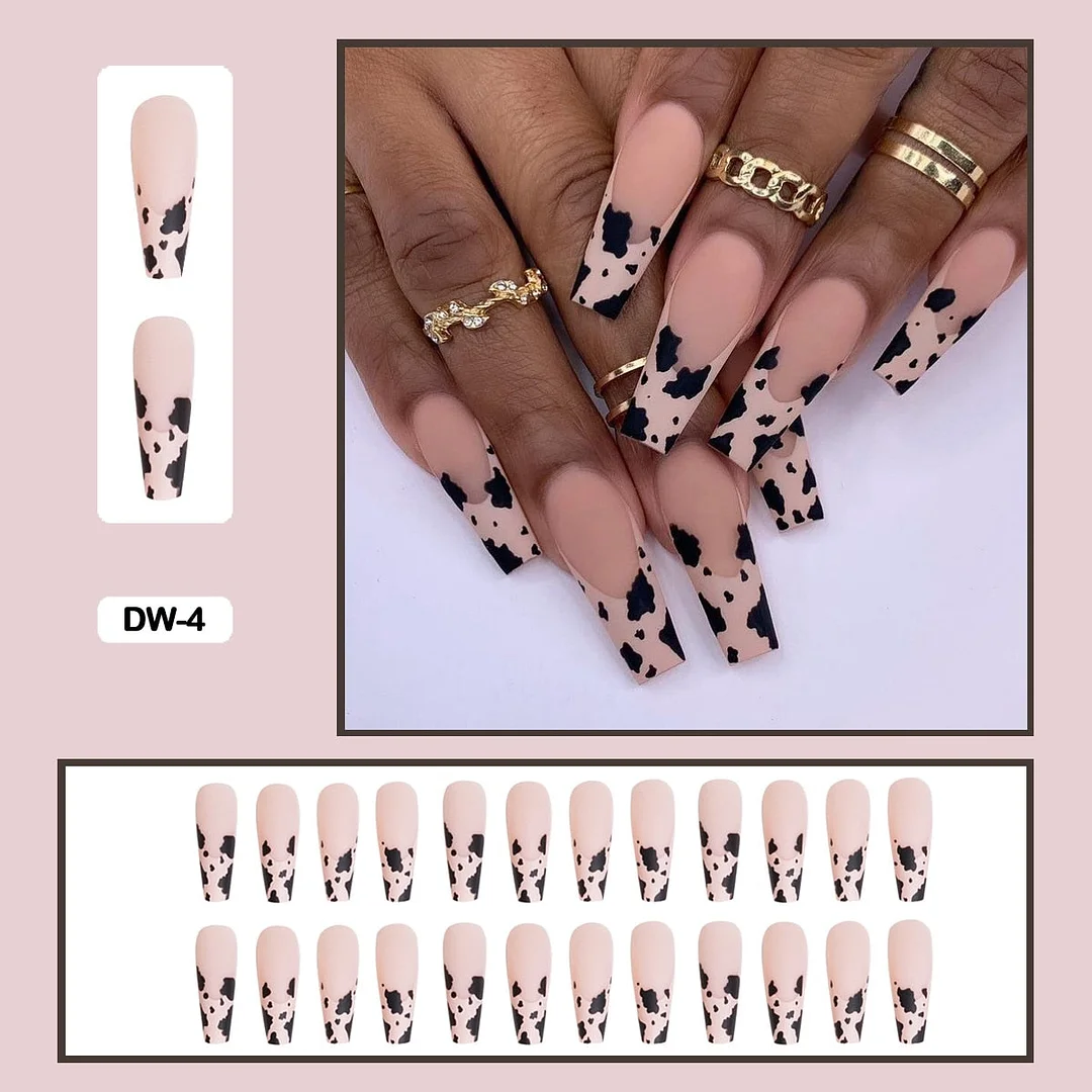 24pcs/box Long Trapezoid Fake Nails Geometric Simplicity Personality Graffiti Animal Pattern Nail Art Nails Press on With Glue-Nail Inspo