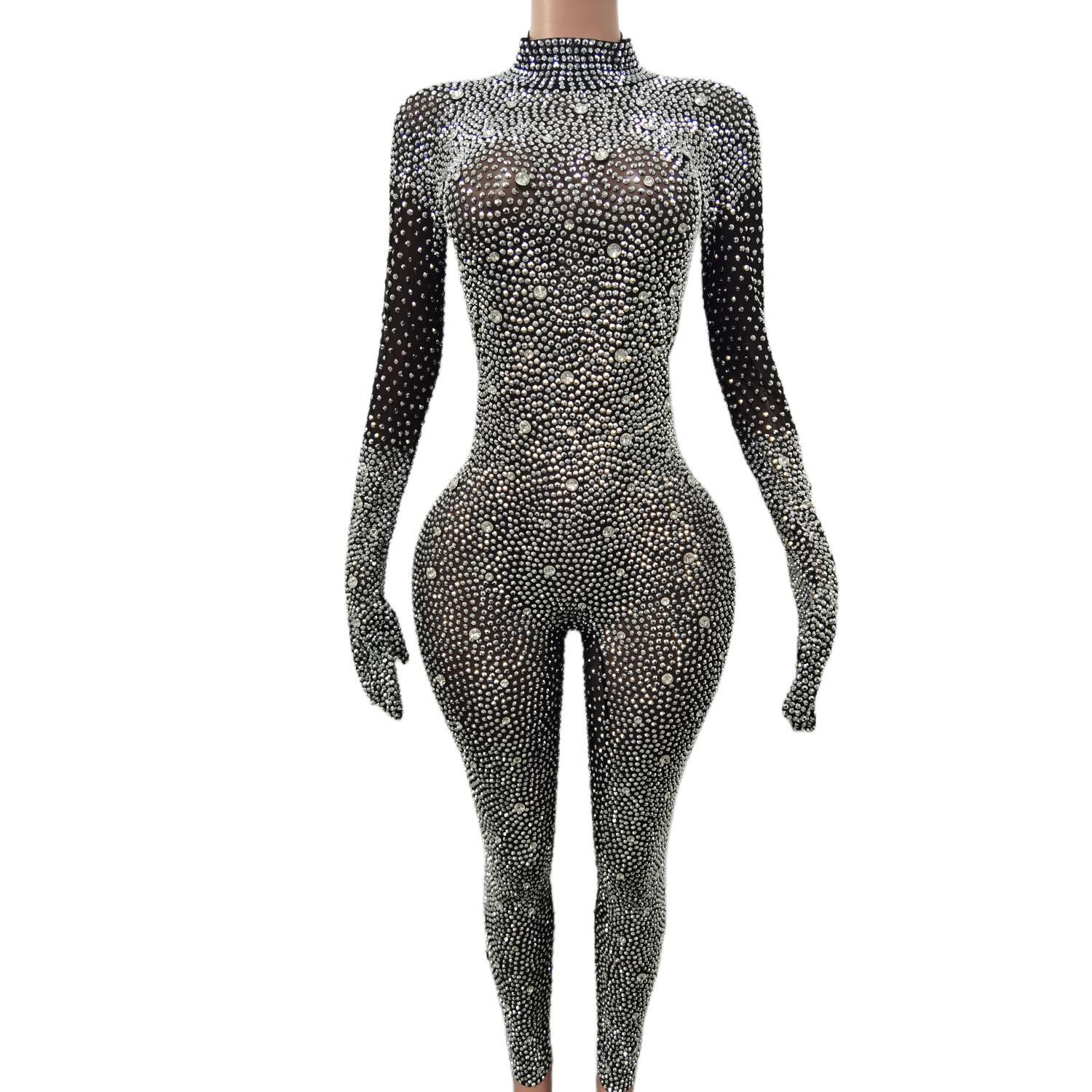 VCSHOES Shining Gold Rhinestones Jumpsuit Mesh Transparent Birthday Celebrate Bodysuit Nightclub Singer Dance Leggings Shizuan