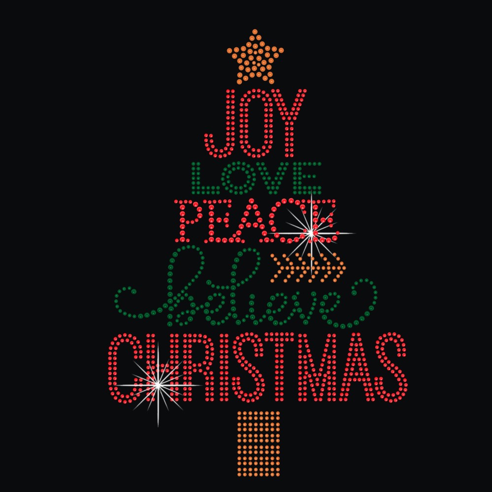 Joy love peace Christmas letter tree hot fix rhinestone iron on heat transfer