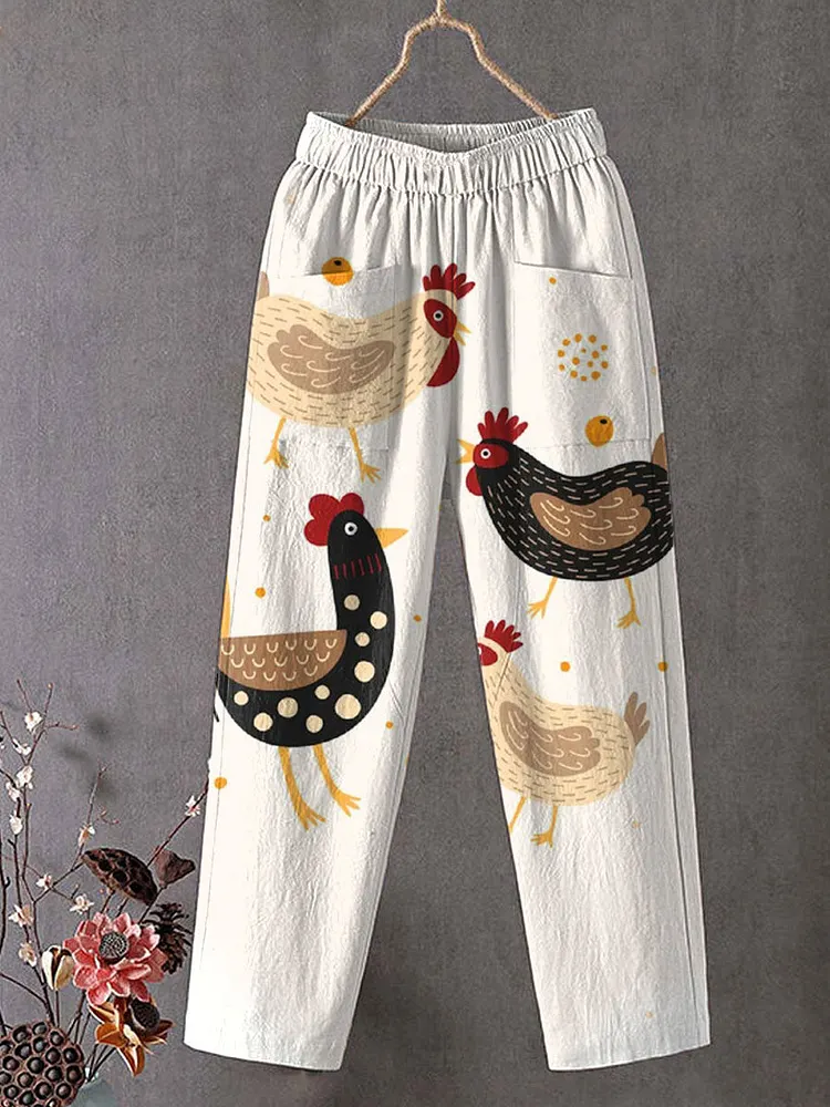 Women's Funny Chick Art Print Cotton And Linen Casual Pants