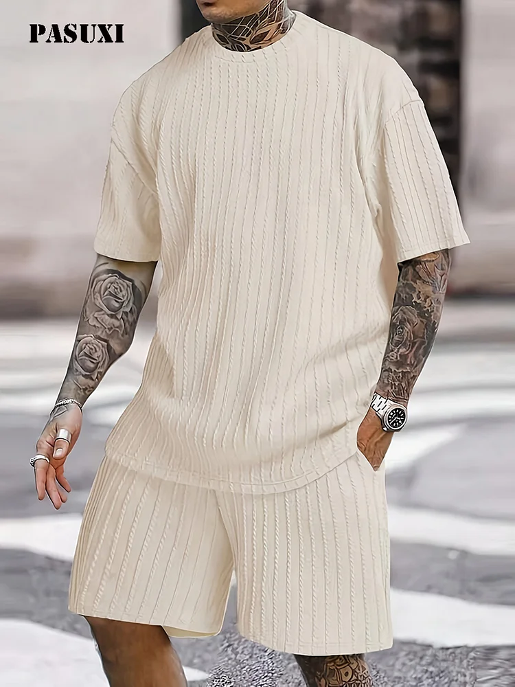 PASUXI Stylish and Cozy Men's Casual Knitted Short - Sleeved Shorts Suit huanwei