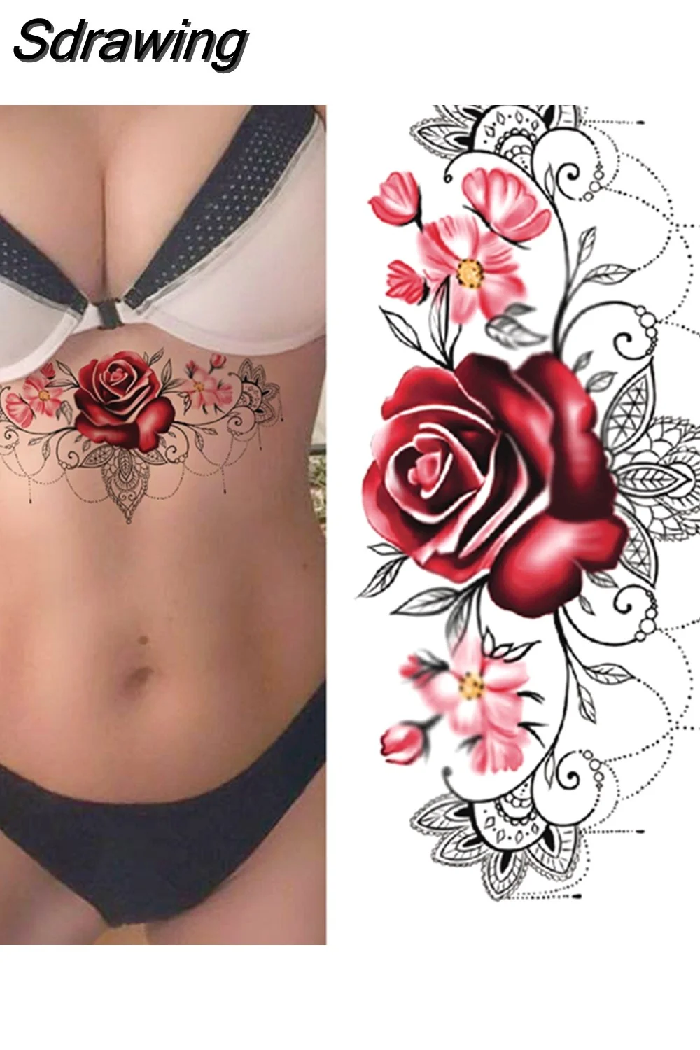 Sdrawing Fake Peony Temporary Tattoos For Women Girl Black Rose Elephant Flower Tattoo Sticker Tiger Anemone Tatoos Half Sleeve 521-1