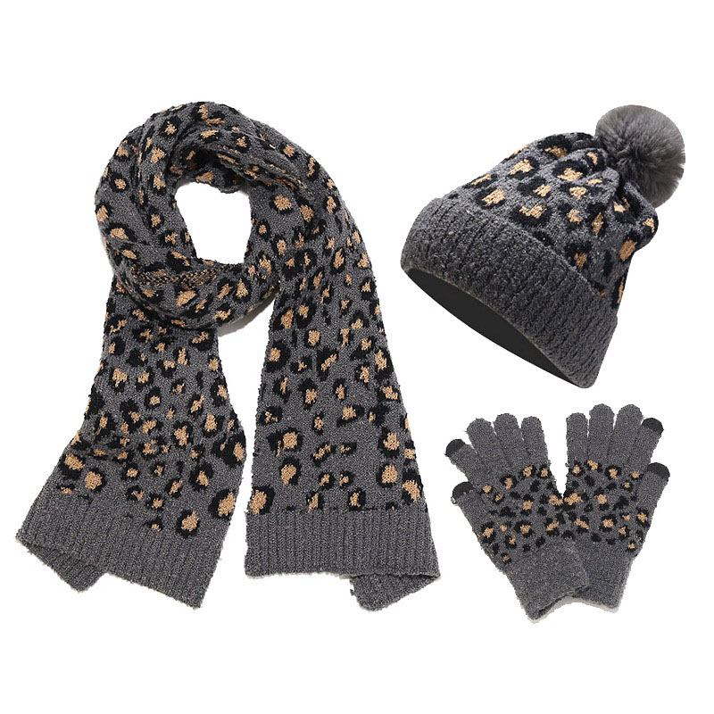 Women's Leopard Print Warm Wool Hat Scarf And Gloves Three-Piece Set