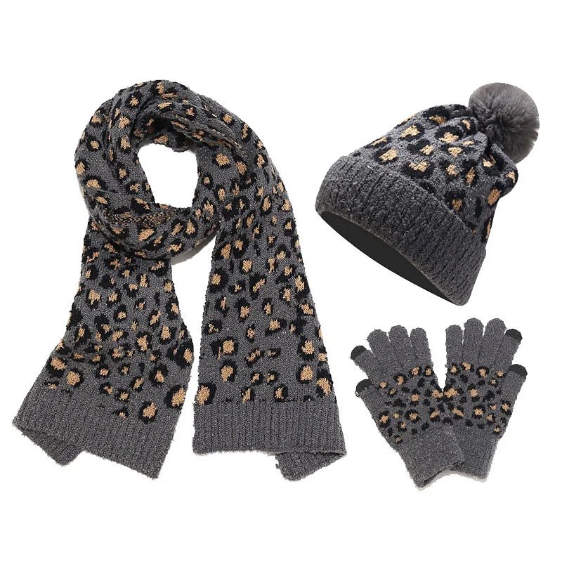 Women's Leopard Print Warm Wool Hat Scarf And Gloves Three-Piece Set