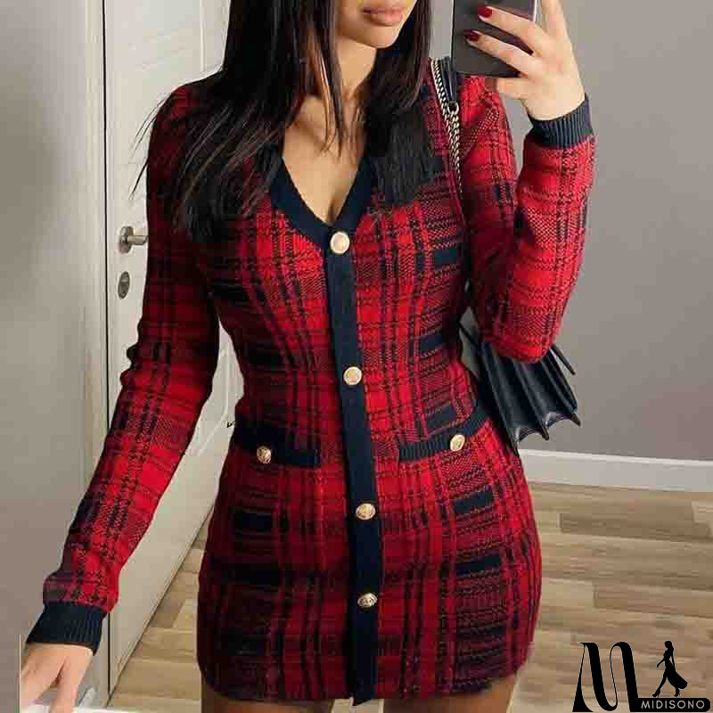 MidiSono - Sweet V-Neck Red Plaid Long-Sleeved Cardigan Tight Dress