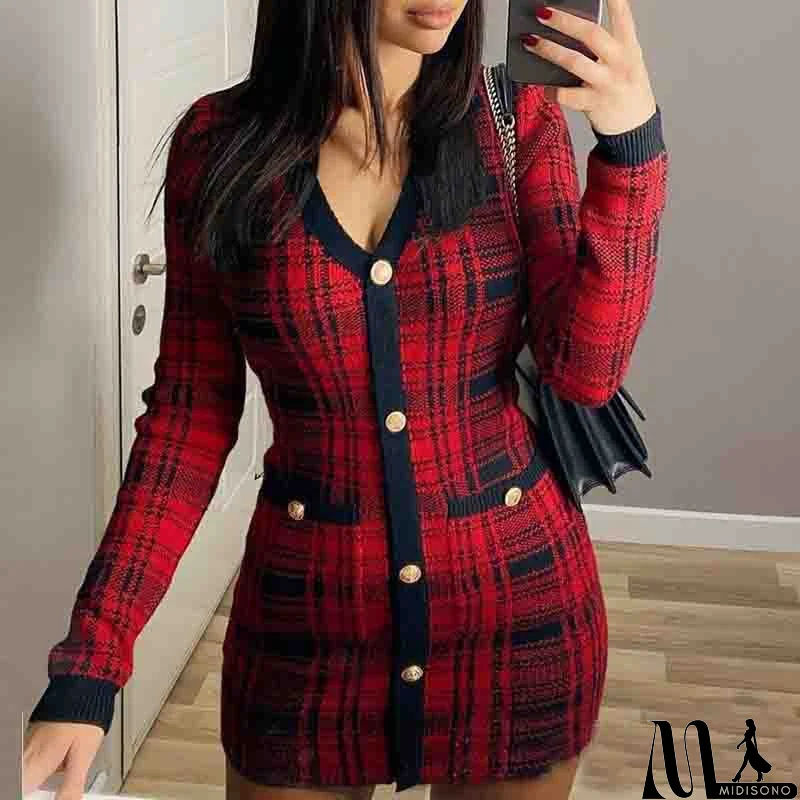 MidiSono - Sweet V-Neck Red Plaid Long-Sleeved Cardigan Tight Dress