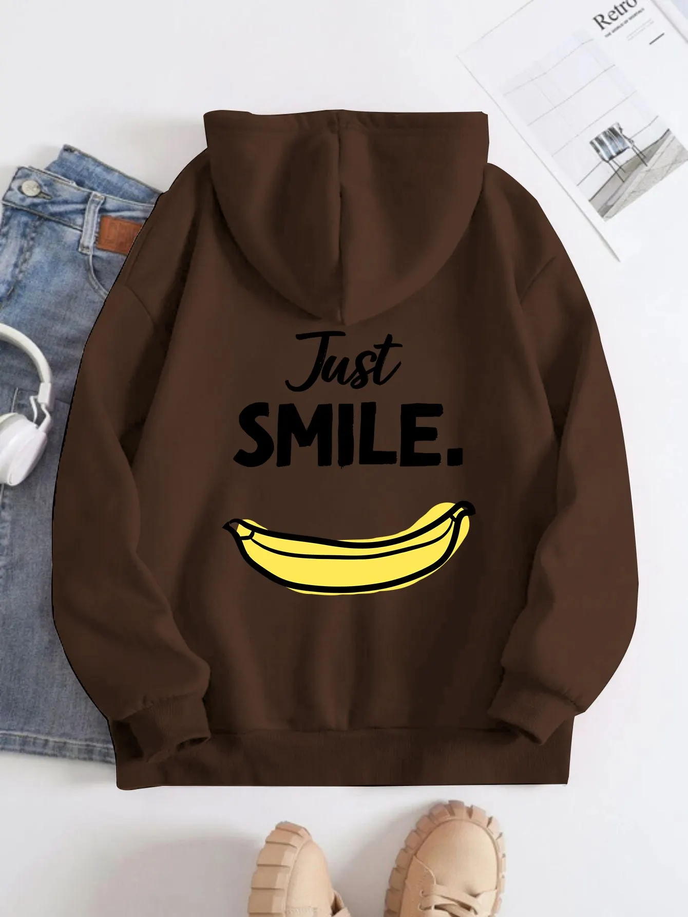 Printed on the Back Kangaroo Pocket Hoodie Long Sleeve for Women Pattern Just Smile