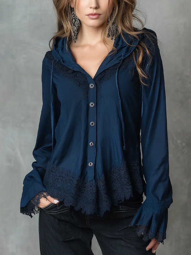 Relaxed Navy Lace Trim Hooded Blouse