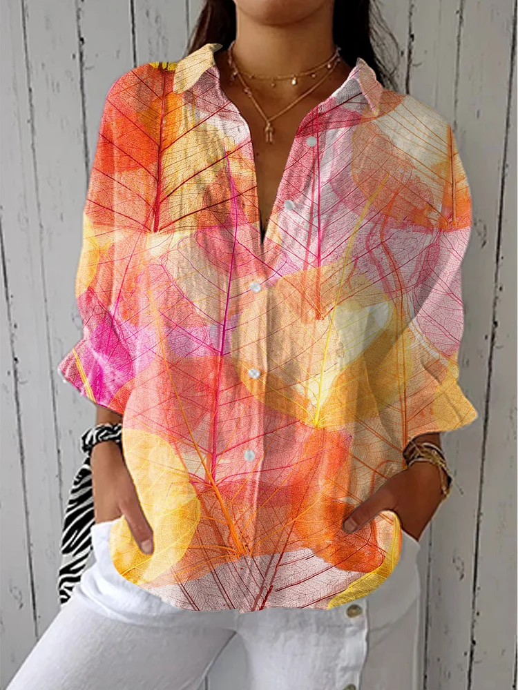 Women's Colorful Plant Leaf Veins Fiber Art Print Casual Linen V-neck Shirt