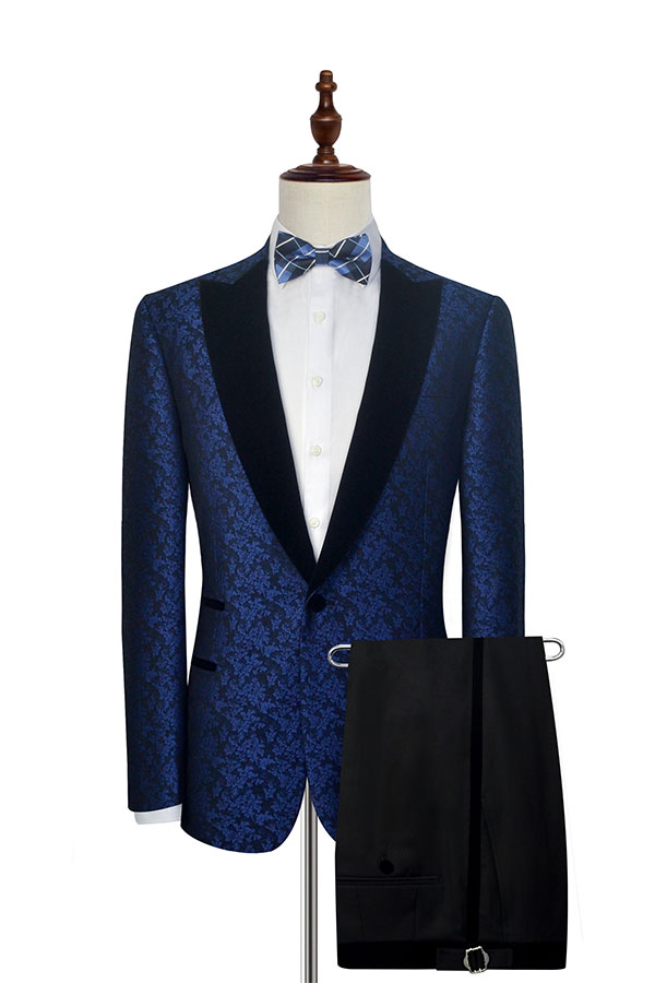 Bellasprom Blue Floral Patter Tuxedos for Wedding Black Velvet Peak Collar Prom Suits Bellasprom