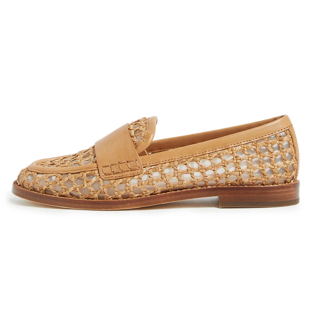 Vegan Leather Round Toe Woven Flat Comfy Loafers in Beige