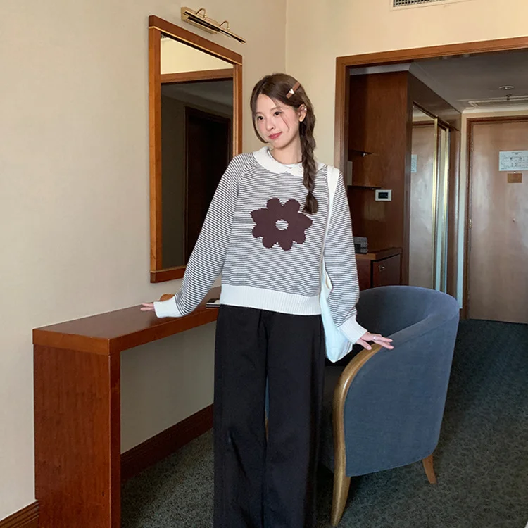 Athvotar Athvotar Autumn And Winter New Korean Casual Small Collar Striped Flower Sweater Women's Loose Long-Sleeved Knitting Top