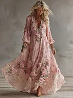 Women's Bohemian Floral Lace V-neck Maxi Dress