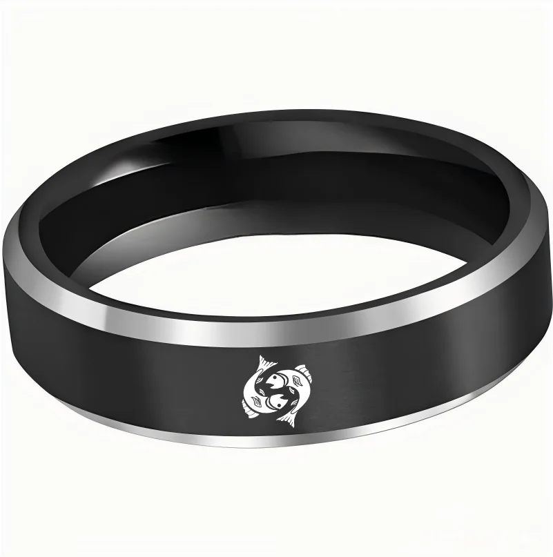 Mens Womens Black Pisces Tungsten Carbide Rings Black Edges and Laser Etched Wedding Bands Comfort Fit 4MM 6MM 8MM