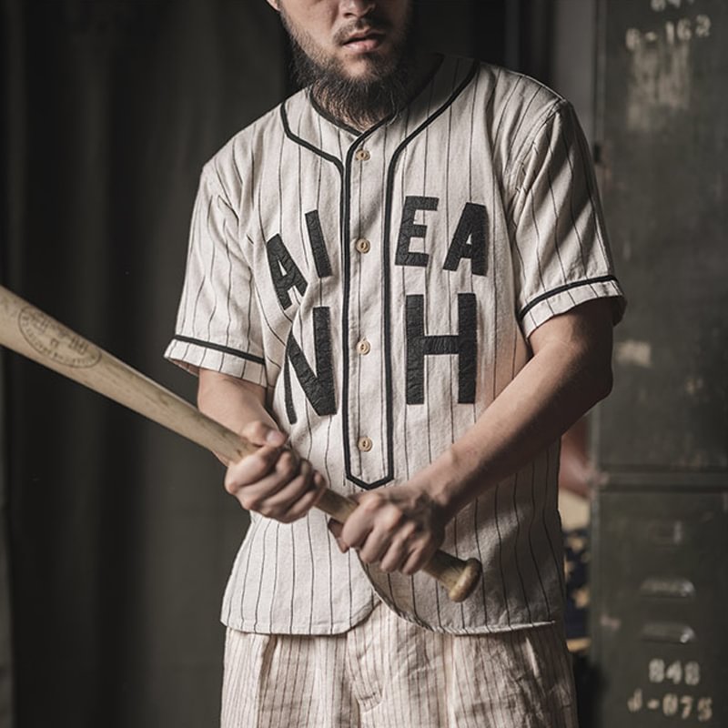 Vintage Striped Short Sleeve Baseball Cotton Linen T-Shirt