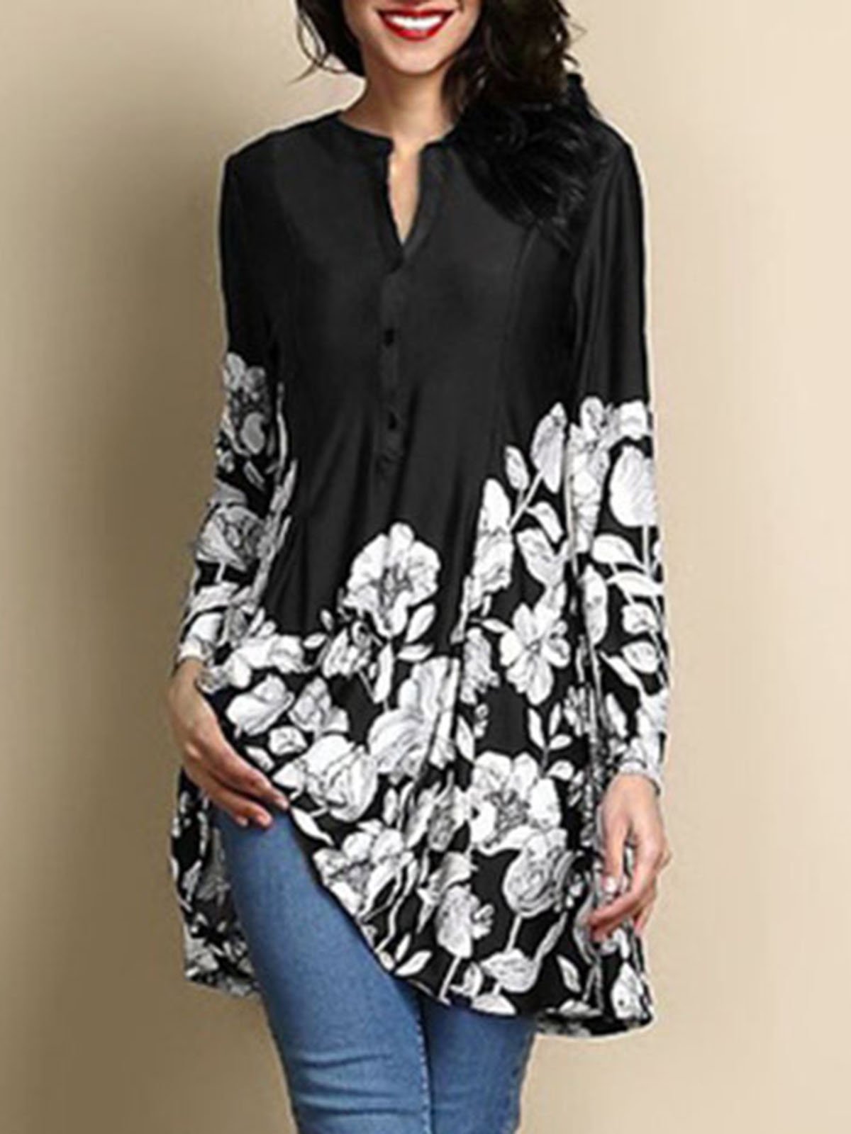 Printed/Dyed Casual Stand Collar Blouse