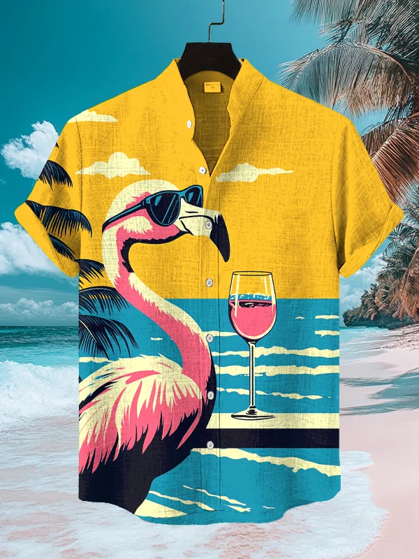 Men's Hawaii Style Flamingo With Red Wine Print Short Sleeve Shirt