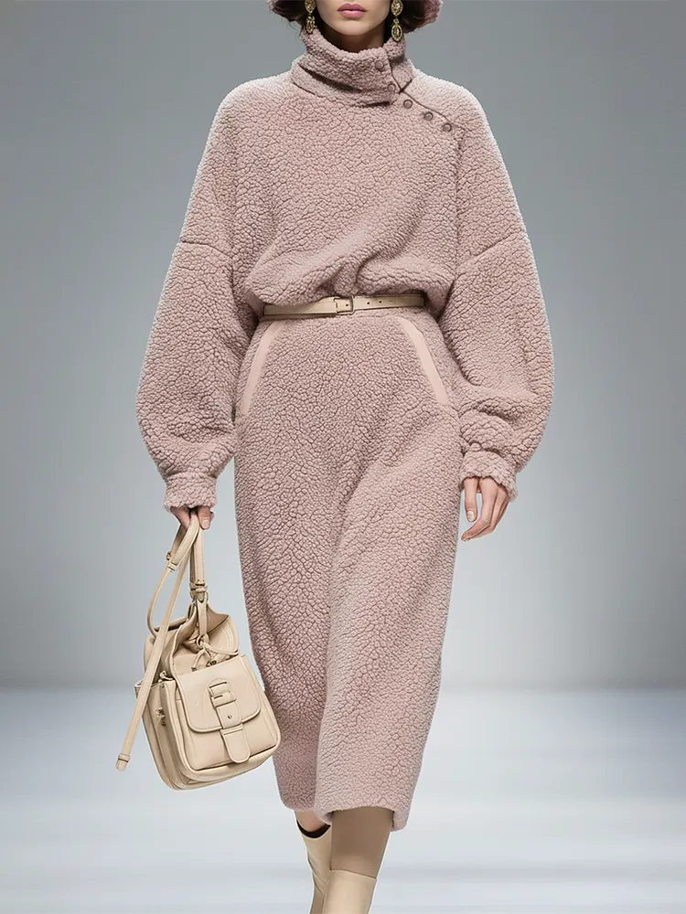 Retro Fashion Stand Collar Sherpa Dress