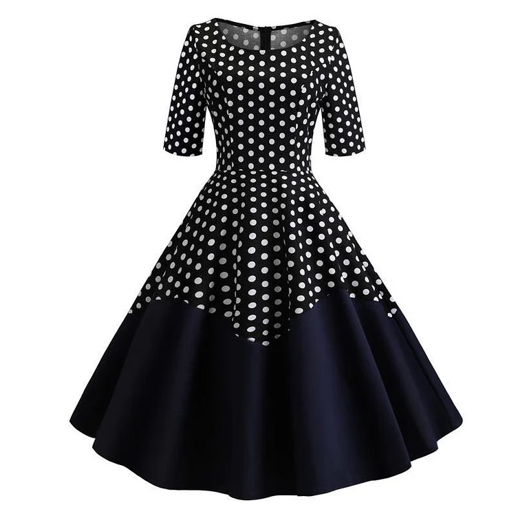 Mayoulove Vintage Dress Half Sleeve A Line Polka Dot Pinup Women O-Neck Casual Swing Dresses-Mayoulove