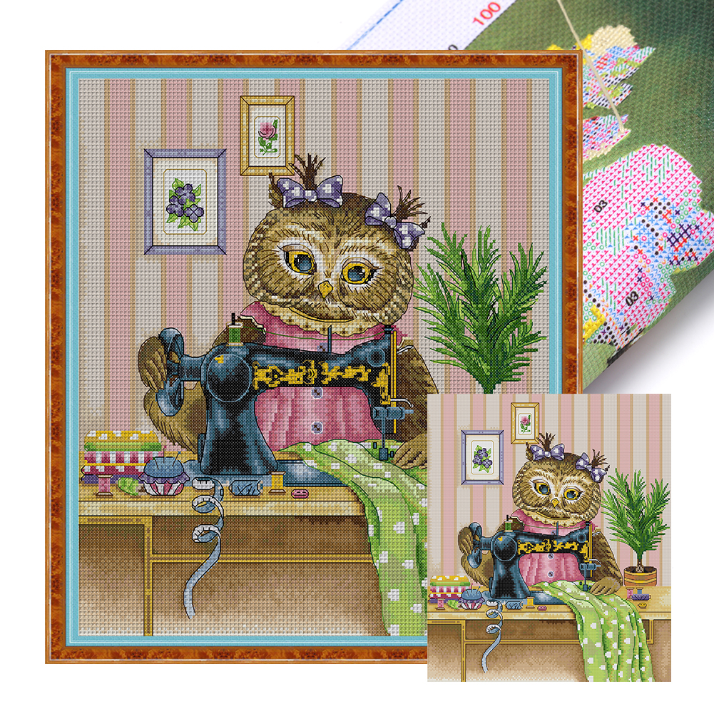 【Joy Sunday】Owl Who Loves Sewing Full 14CT Pre-stamped Canvas(37*42cm) CrossStitch(backstitch)