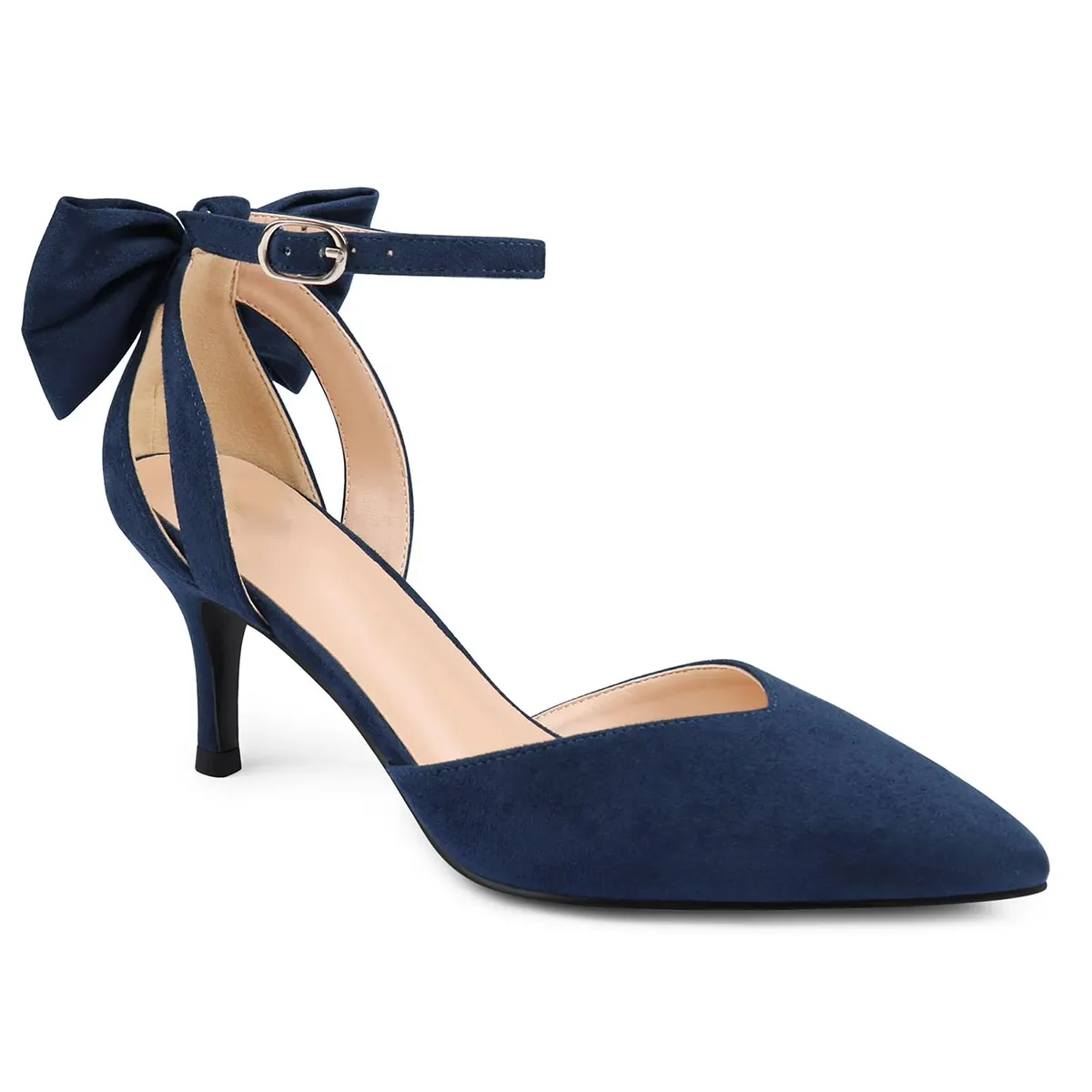 65mm Suede Pointed Toe Heels With Apricot Bottom Adjustable Metal Buckle Ankle Strap Bow Pump-MERUMOTE