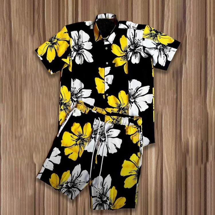 BrosWear Fashion Flower Print Black Shirt And Shorts Co-Ord