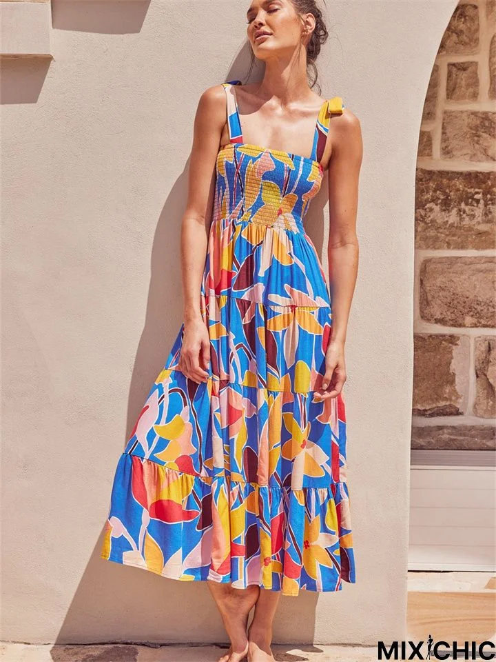 Summer Women's Dress Holiday Strap Print Long Dress