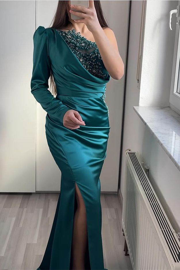 Oknass Long Sleeve Mermaid Split One Shoulder Evening Dress With Beadings