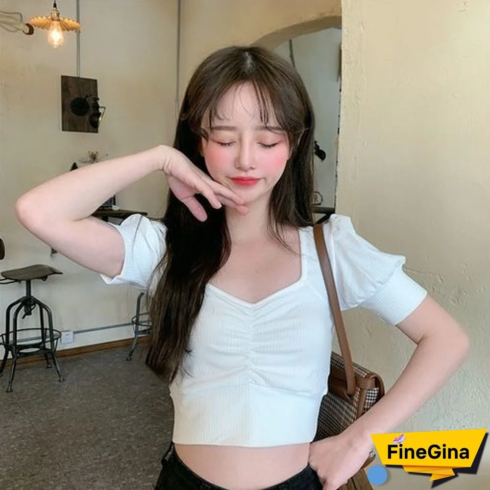 Summer T-Shirts Women Slim Puff Sleeve Temperament Sexy Crop Tops College Elastic Soft Leisure All-Match Kawaii Female Clothing