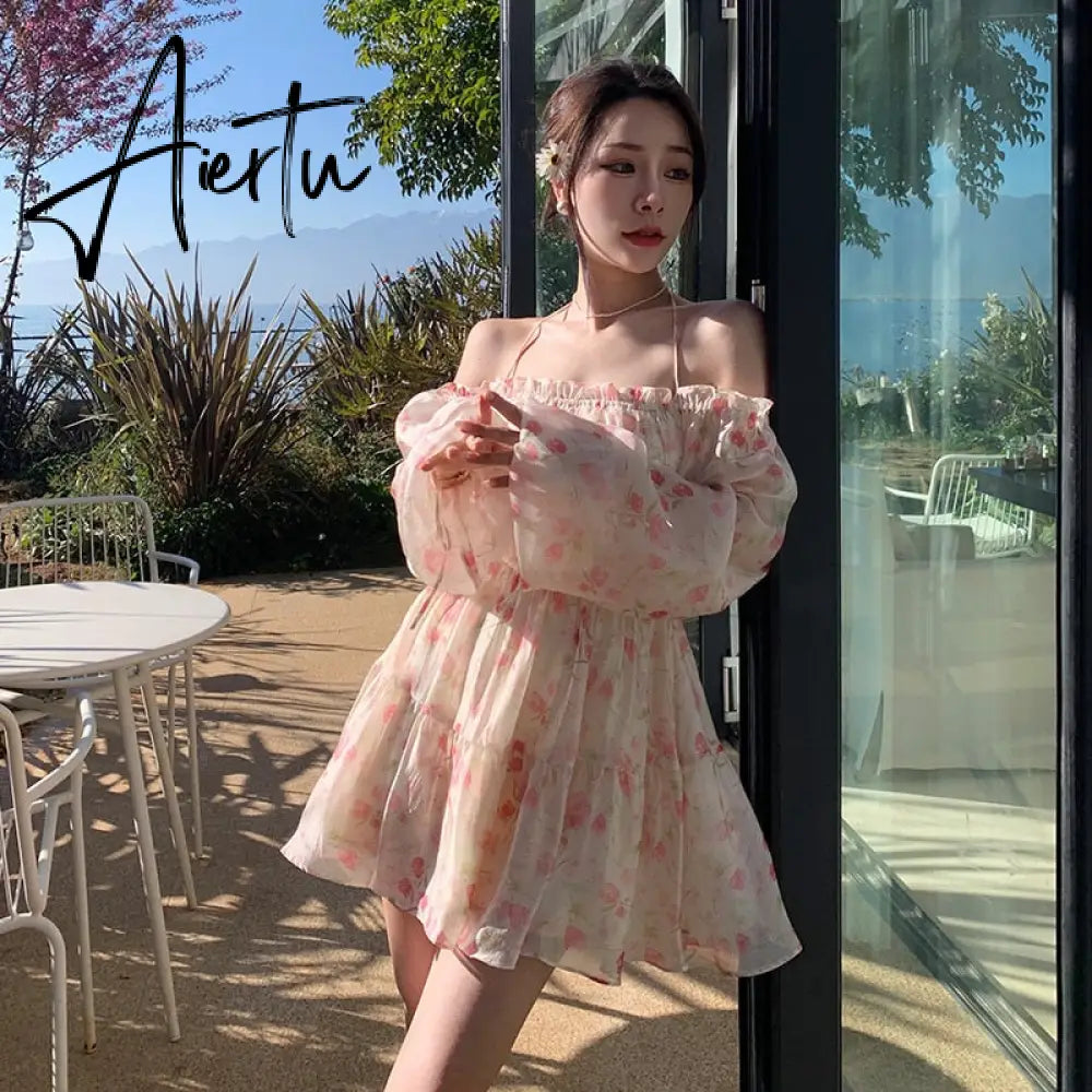 Aiertu Summer Floral Dress Women Slash Neck Female Long Sleeve Fairy Dress Off Shoulder Pink A-line Elegant  Beach Short Dresses Aiertu