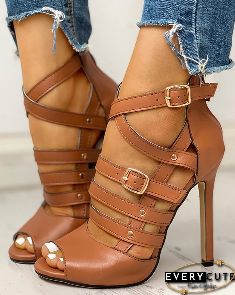 Solid Hollow Out Ankle Strap Thin Heeled Sandals