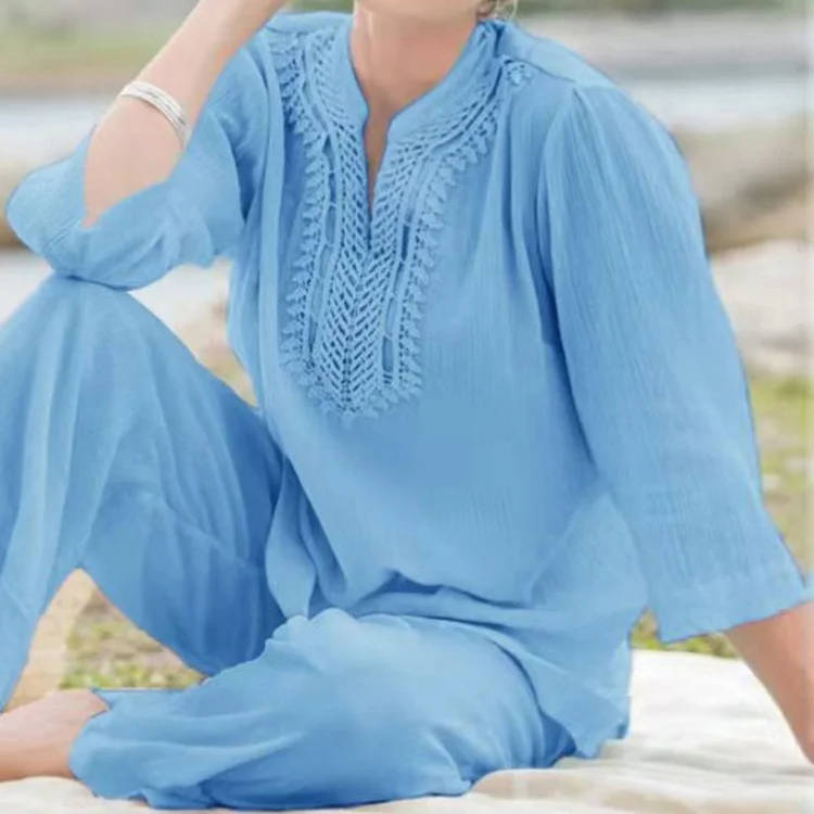 Casual Solid Color Lace Stitching Two Piece Set