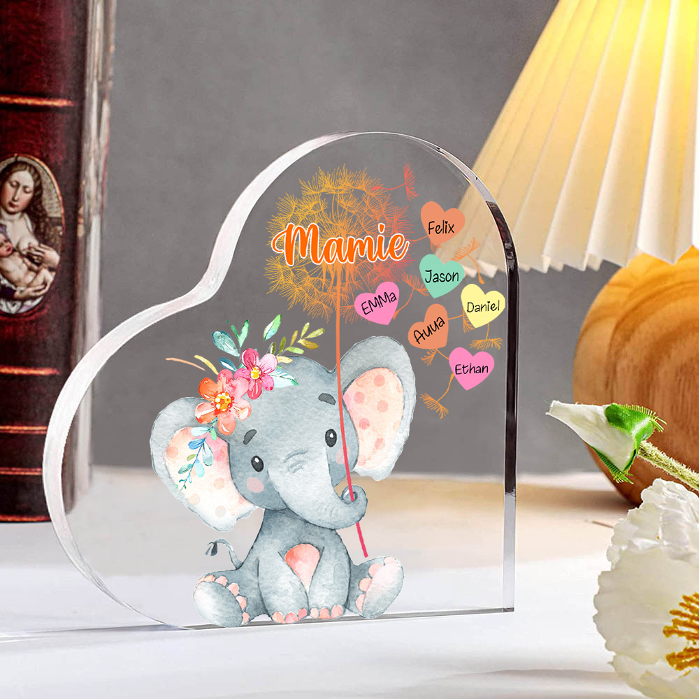 À ma Mamie - Plaque Acrylique Éléphant en Forme de Cœur 6 Prénoms Personnalisés