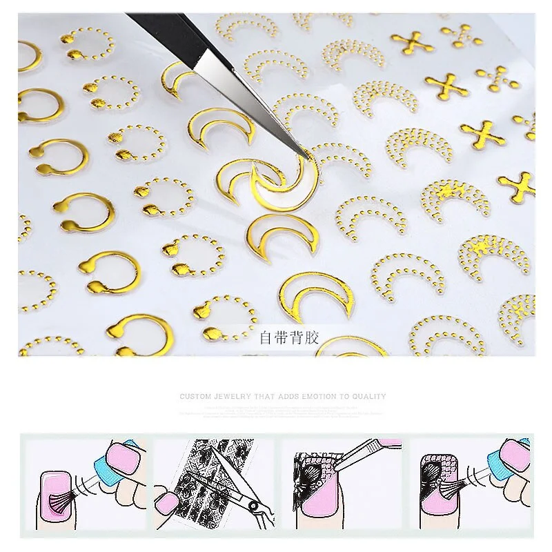 1 Sheet Metallic Nail Art Stickers Mixed Moon/Star/Arrow/Triangle Geometric Patterns 3d Gold Hollow Adhesive Sticker Decorations-Nail Inspo